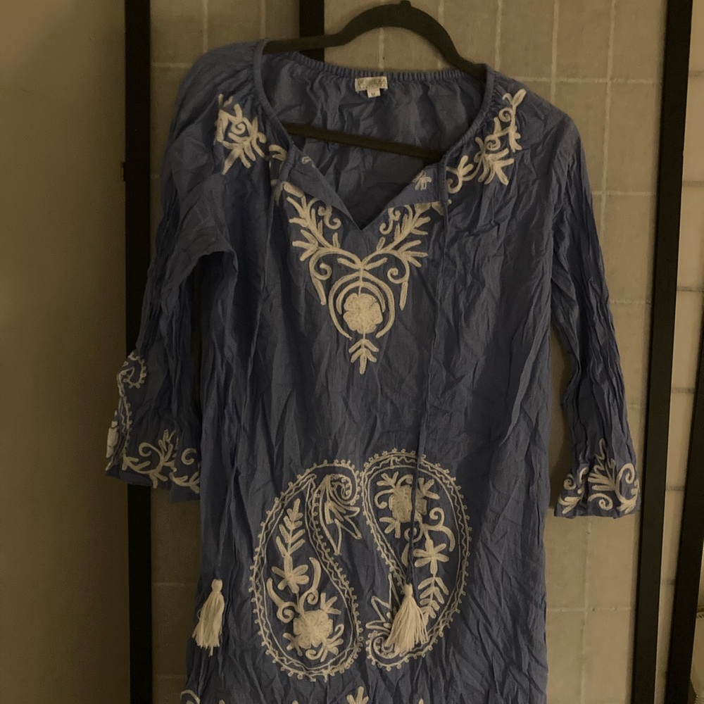 Blue Embroidered Women's Tunic Top with Tassels Beach/Pool Cover-Up